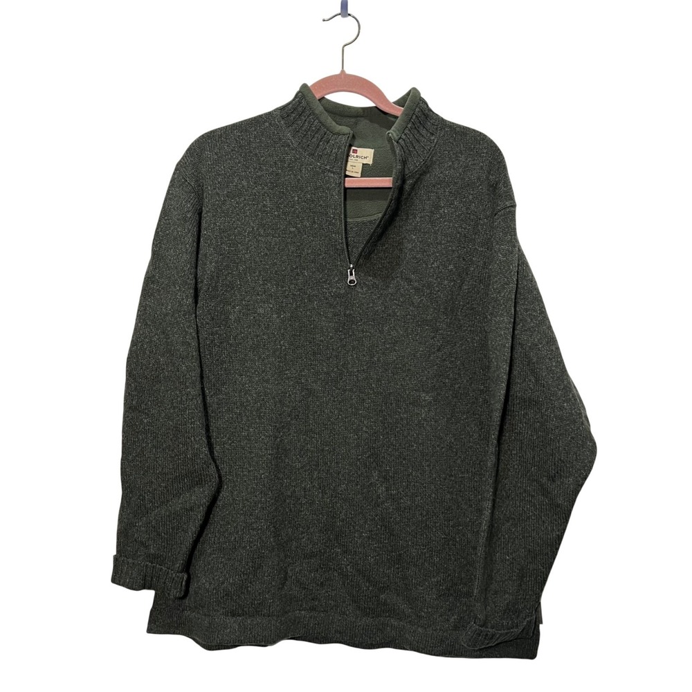 Woolrich Mens 1/4 Zip Pullover Sweater Olive Heather 100% Wool Large Fall Winter